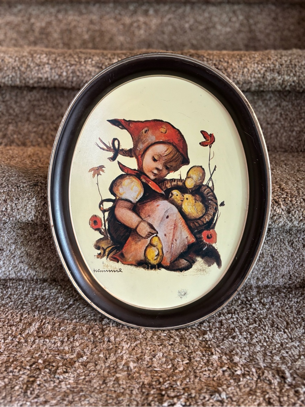 Vintage Hummel-Style Girl with Chicks Oval Wall Art - Red & Cream